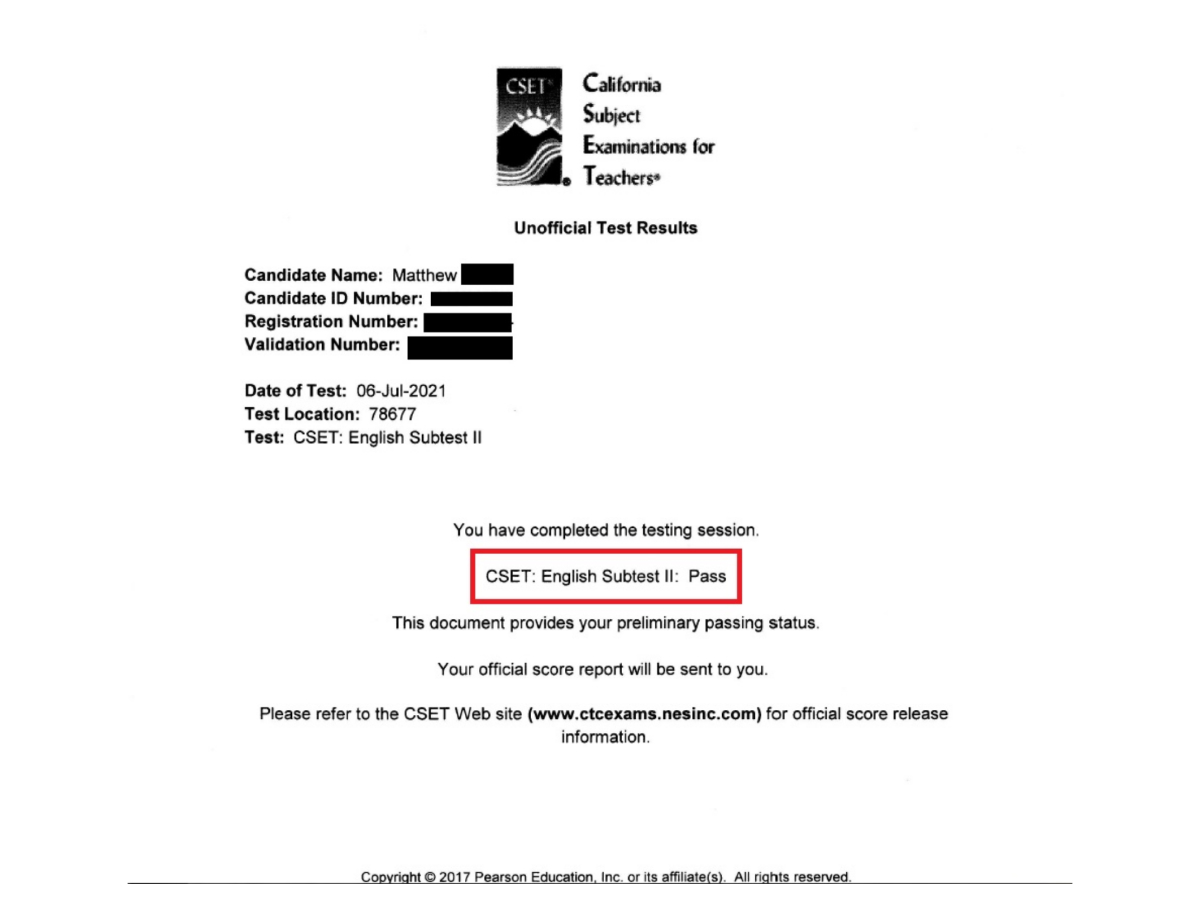 CSET English 2 Prep, Matt, Results