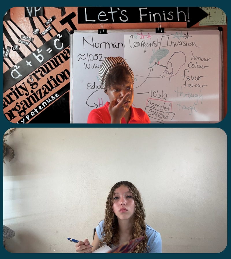 a collage of a woman tutoring cset English at a whiteboard