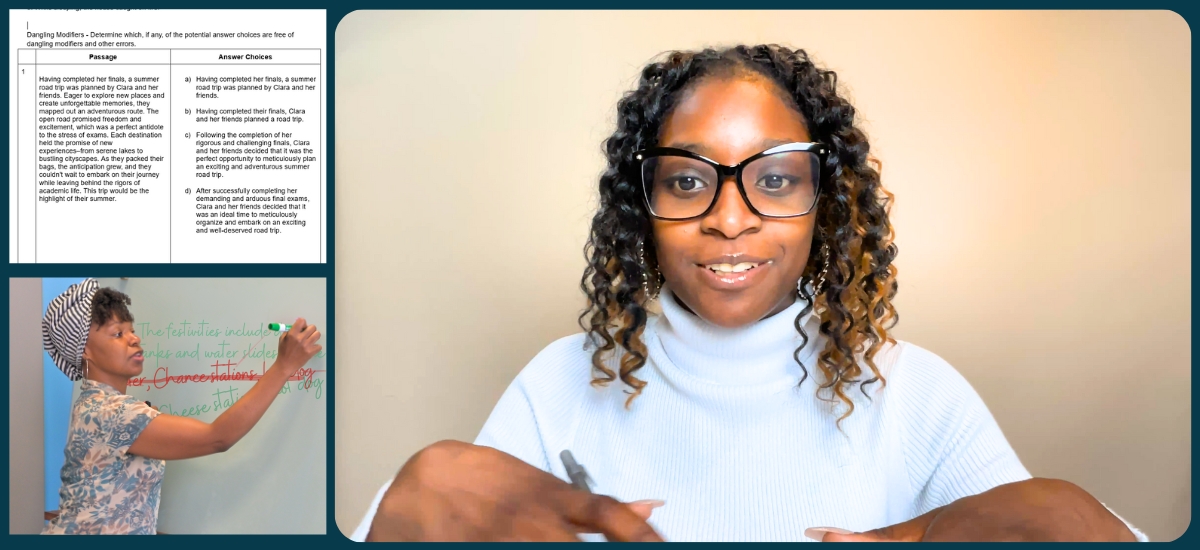 SAT writing tutoring for a teen wearing glasses and a white turtleneck