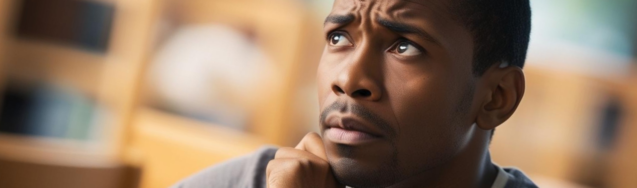 a close-up of a worried black adult male student